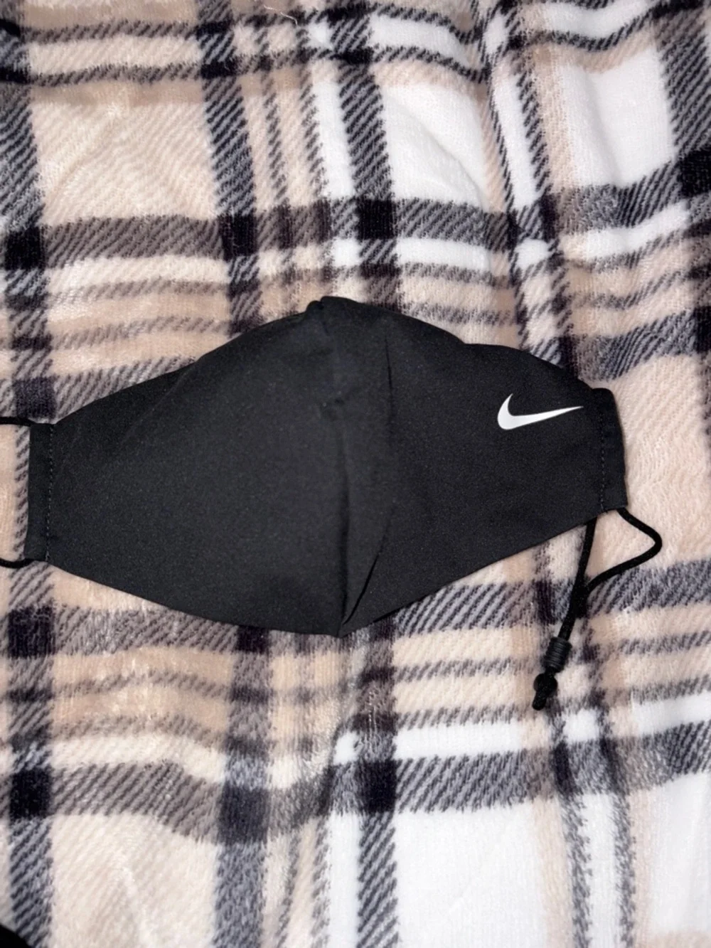 Nike Black Face Mask with White Swoosh and Adjustable Ear Loops